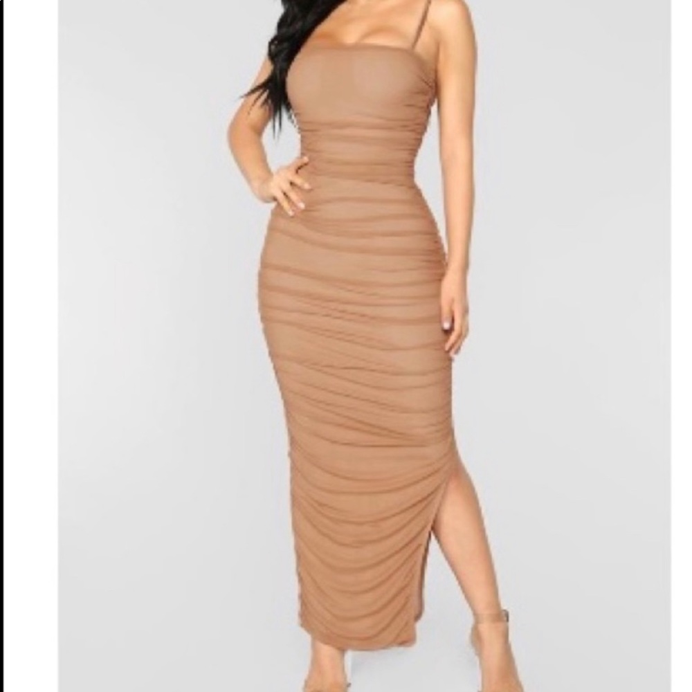 Nude Ruched Slit maxi dress